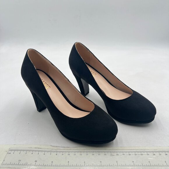 miss left Black Suede Low Platform Chunky High Heel Slip On Round Toe Pump - Picture 4 of 8